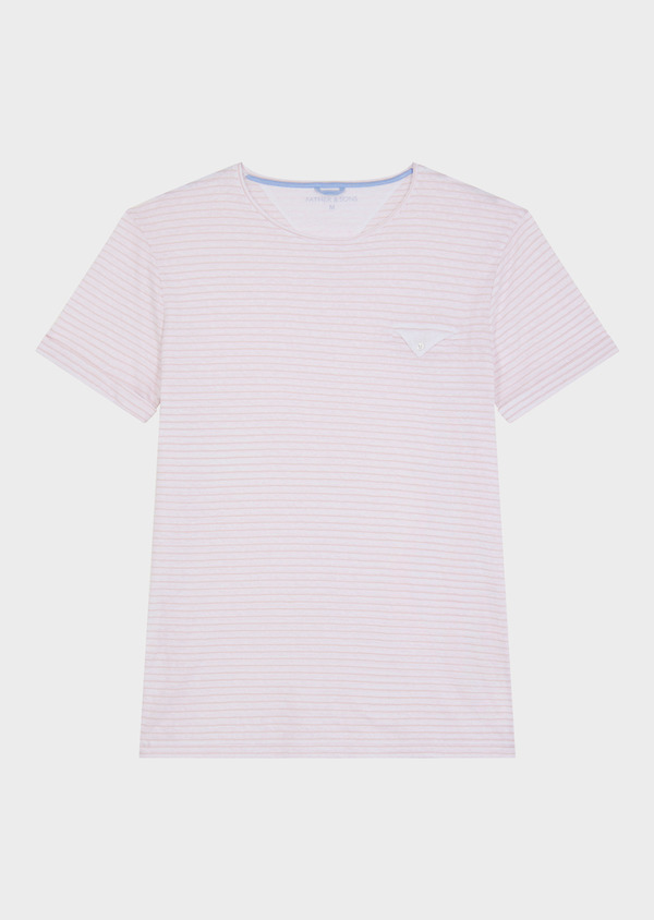 Tee-shirt manches courtes en coton et lin col rond rose à rayures blanches - Father and Sons 47749
