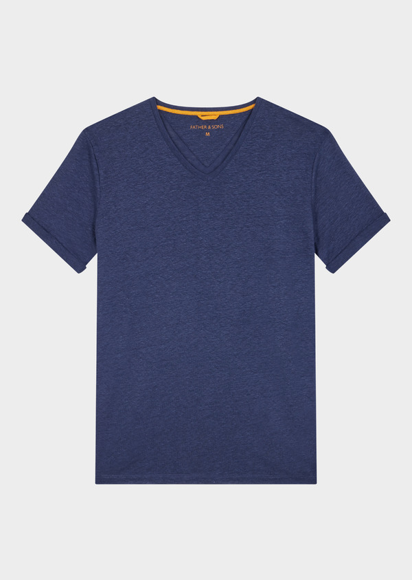 Tee-shirt manches courtes en lin col V uni bleu indigo - Father and Sons 46441