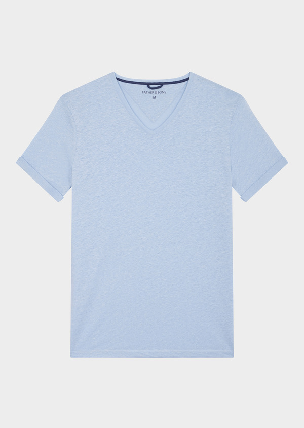 Tee-shirt manches courtes en lin col V uni bleu pâle - Father and Sons 46442