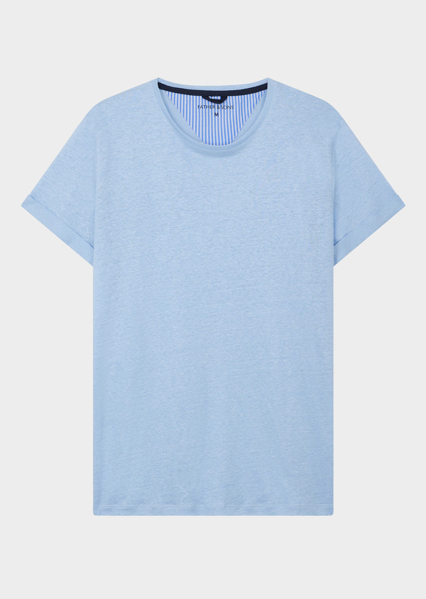 Tee-shirt manches courtes en lin col rond uni bleu ciel - Father and Sons 45817