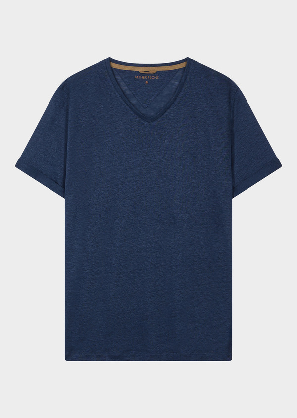 Tee-shirt manches courtes en lin col V uni bleu indigo - Father and Sons 45815