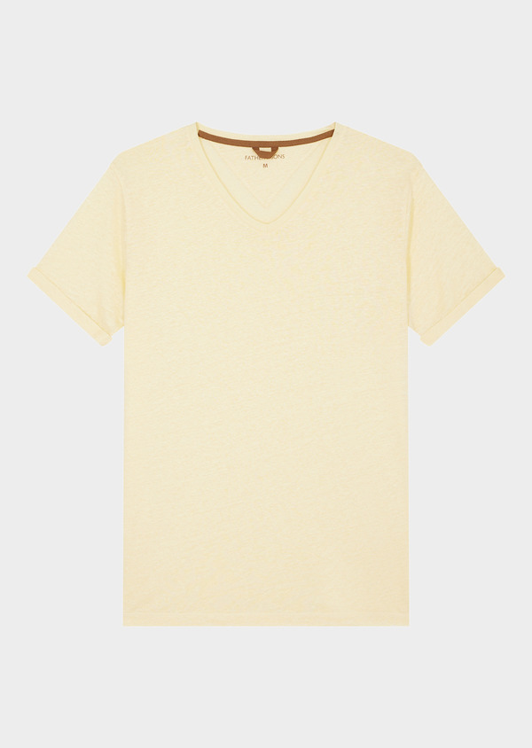 Tee-shirt manches courtes en lin col V uni jaune - Father and Sons 46262