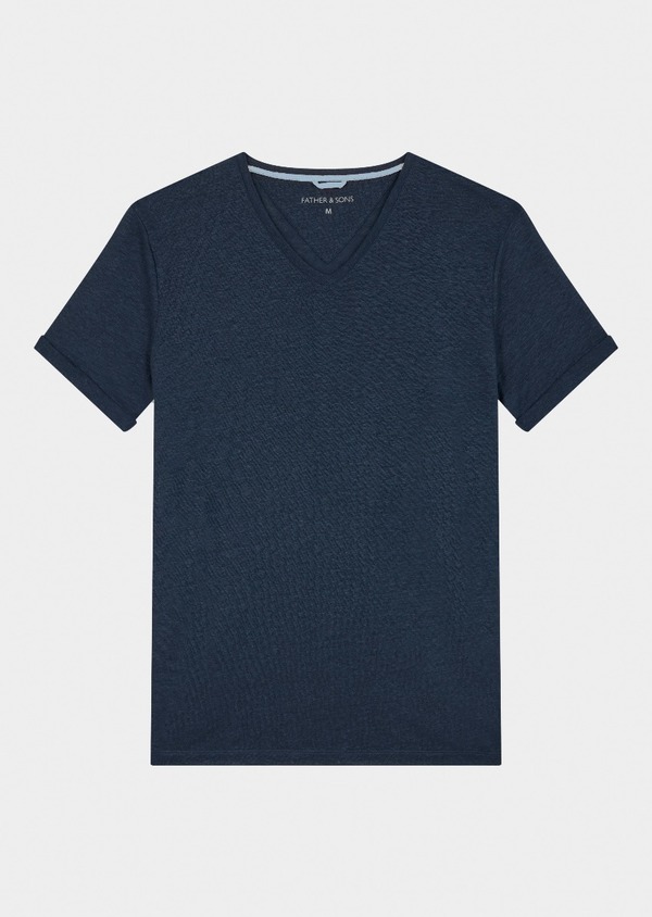 Tee-shirt manches courtes en lin col V uni bleu marine - Father and Sons 48217