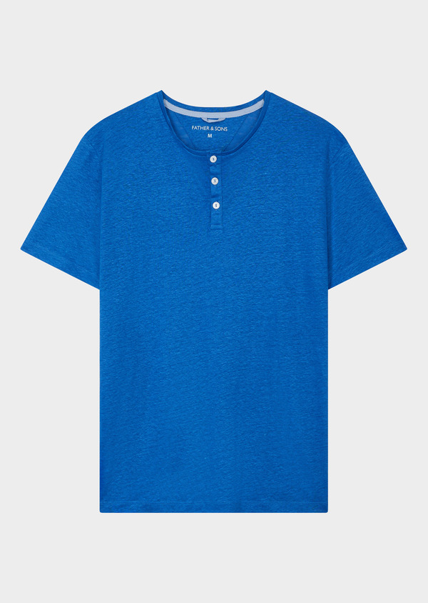 Tee-shirt manches courtes en lin col tunisien uni bleu saphir - Father and Sons 45814