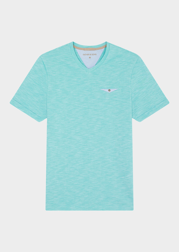 Tee-shirt manches courtes en coton col V uni vert turquoise - Father and Sons 46257