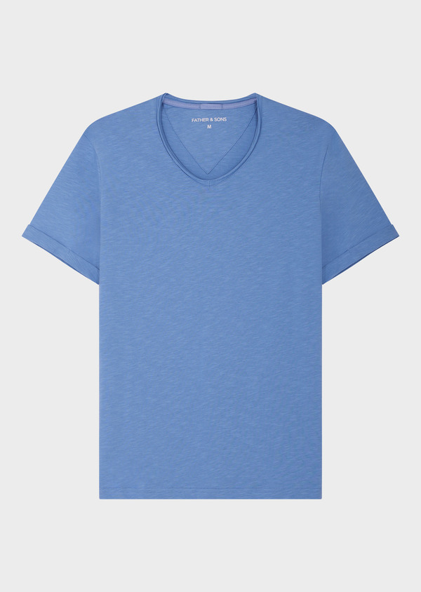 Tee-shirt manches courtes en coton col rond uni bleu azur - Father and Sons 63928