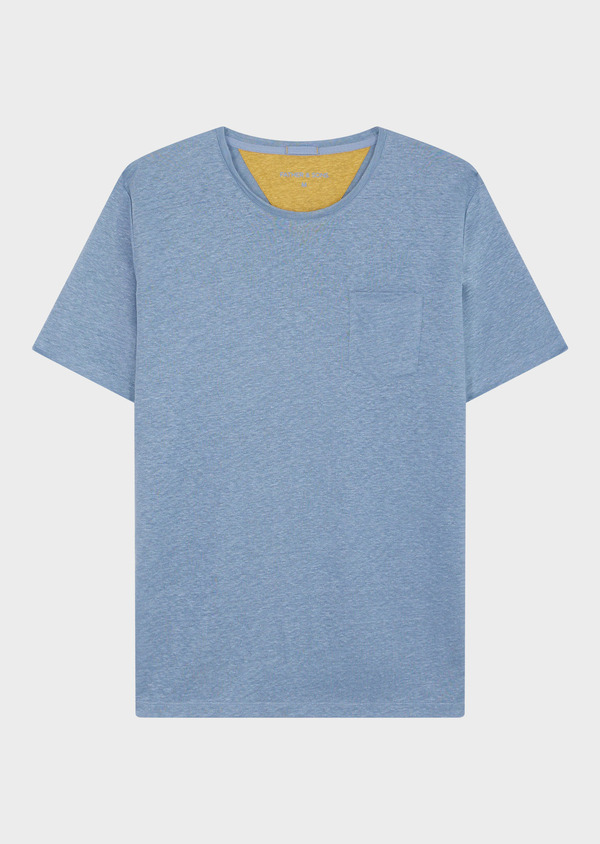 Tee-shirt manches courtes en lin col rond uni bleu glacier - Father and Sons 55957