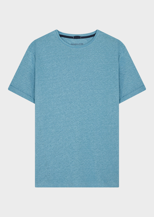 Tee-shirt manches courtes en lin col rond uni bleu turquin - Father and Sons 62715