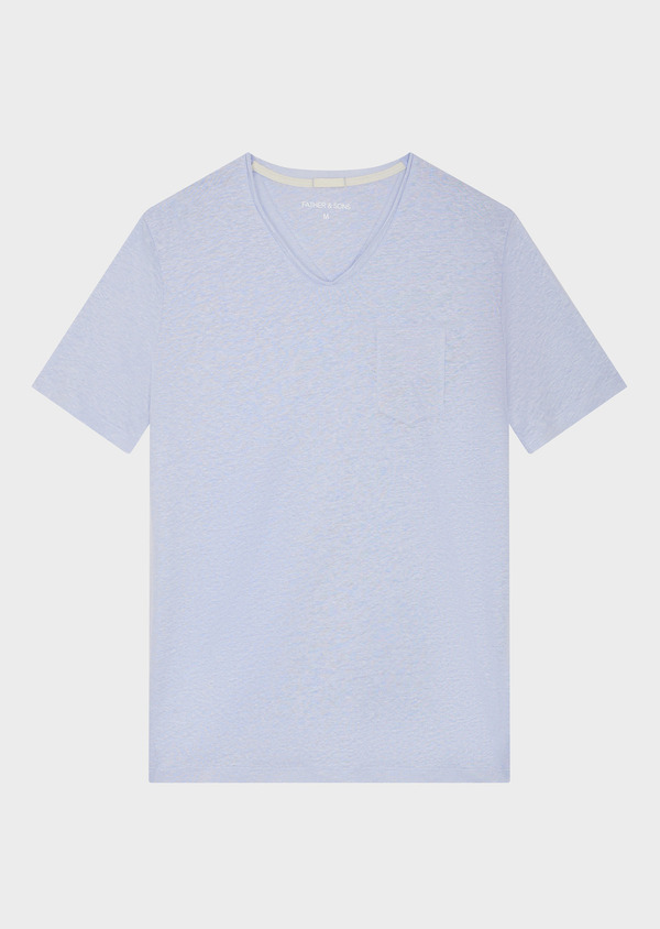 Tee-shirt manches courtes en lin col V uni bleu pâle - Father and Sons 56937