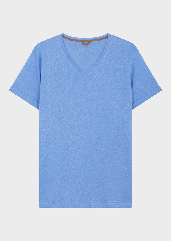 Tee-shirt manches courtes en lin col V uni bleu chambray - Father and Sons 55954