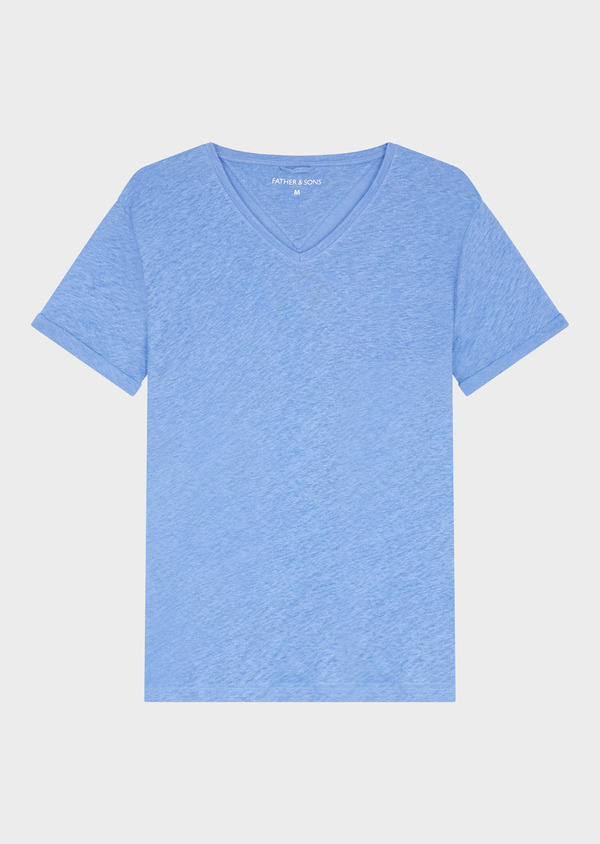 Tee-shirt manches courtes en lin col V uni bleu chambray
