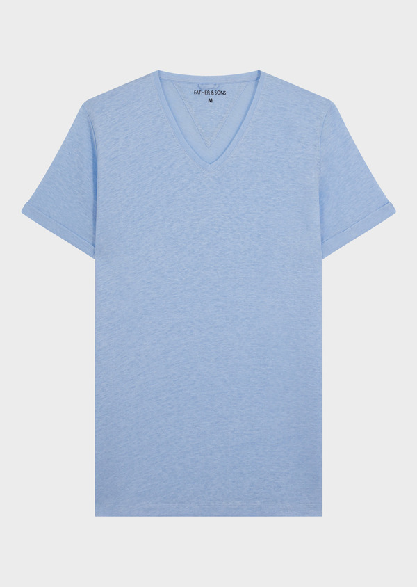 Tee-shirt manches courtes en lin col V uni bleu ciel - Father and Sons 57807