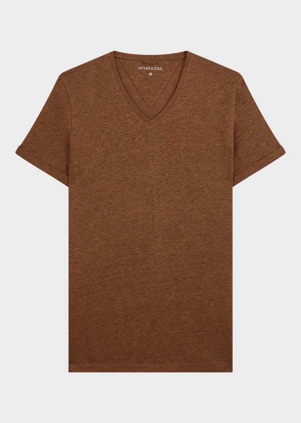 Tee-shirt manches courtes en lin col V uni cognac - Father and Sons 57811