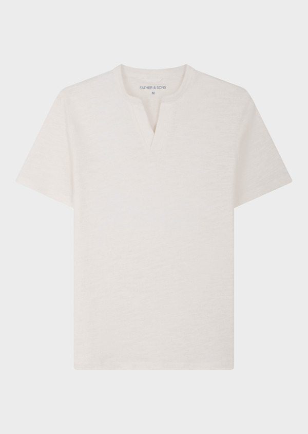 Tee-shirt manches courtes en coton et lin col V unis écrus - Father and Sons 64641