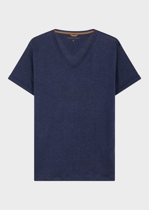 Tee-shirt manches courtes en lin col V uni bleu indigo - Father and Sons 55956