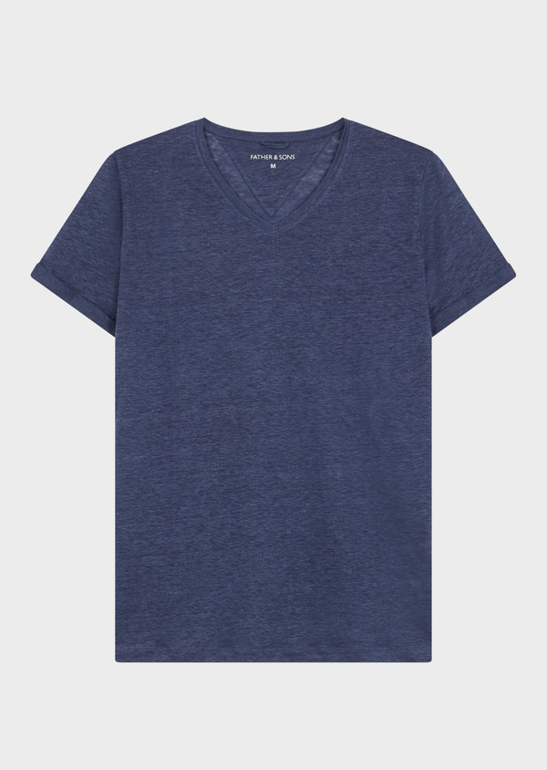 Tee-shirt manches courtes en lin col V uni bleu indigo - Father and Sons 58932
