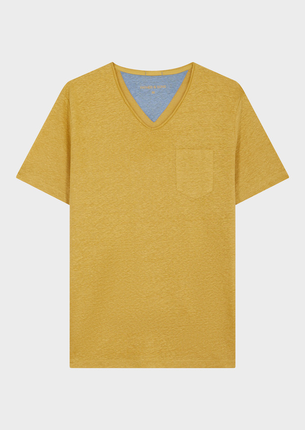 Tee-shirt manches courtes en lin col V uni jaune curry - Father and Sons 55952