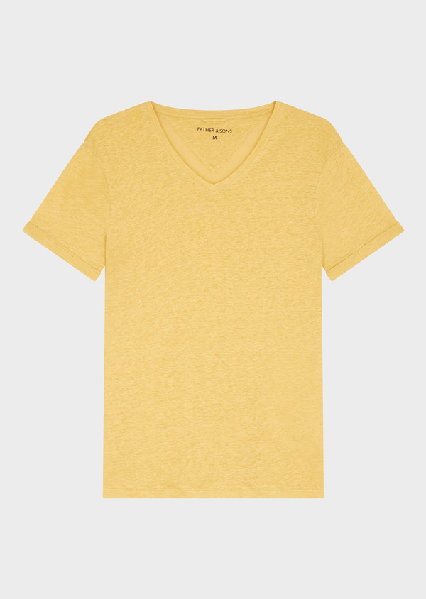 Tee-shirt manches courtes en lin col V uni jaune curry - Father and Sons 59053
